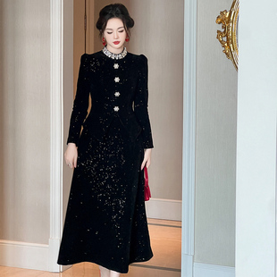 高腰长款丝绒新款气质连衣裙黑色亮片赫本亮闪闪名媛晚宴精致礼服