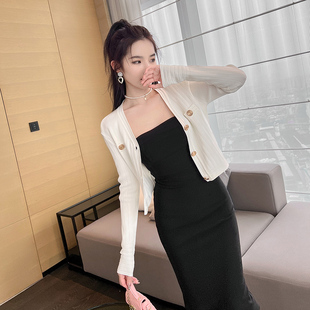 白色短款针织衫女夏天薄款旗袍针织开衫外搭小披肩长袖小坎肩黑色