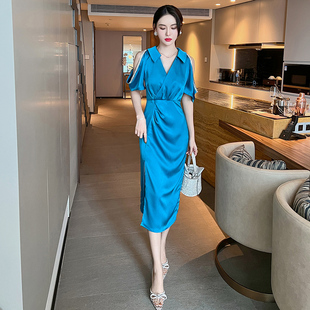 小个子法式蓝色衬衫裙女设计感小众夏款显瘦气质衬衫连衣裙长款