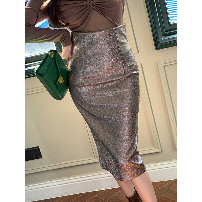 亮片半身裙秋冬款高腰加厚气质高级感中长款pu皮包臀超火半身皮裙