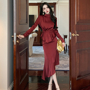 两件套装连衣裙子小香风长袖春季新款高领不规则荷叶边御姐风女装