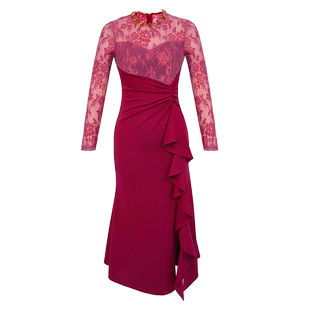 端庄大气主持人女礼服秋季年会晚宴晚会赫本风女人味荷叶边连衣裙