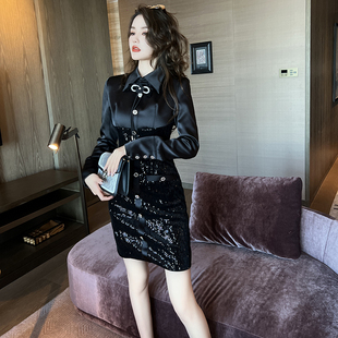 轻奢高定小香风高级感连衣裙单排扣亮片复古赫本风重工礼服小黑裙