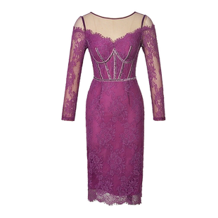 紫色的蕾丝连衣裙秋冬重工气质一字肩包臀女人味长袖鱼骨收腰裙子