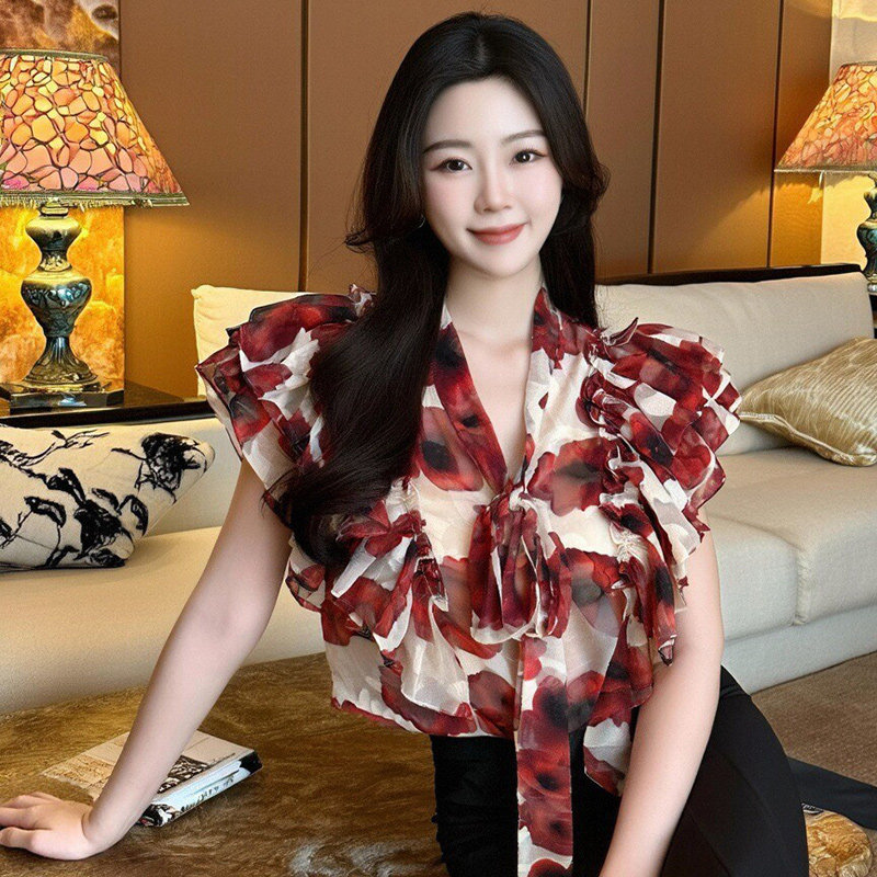 法式小个子宽松花色洋气小众度假风名媛衬衫v领飘带高级感雪纺衫