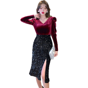 金丝绒拼接亮片连衣裙开叉性感包身高冷系女装气质酒会小礼服裙子