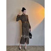 气质粗花呢冬季 连衣裙女高端精致双排扣漂亮独特冬裙过年战袍女装