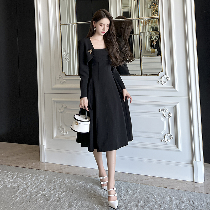 黑色正式场合职业西装套装连衣裙秋款冷淡风高级感小香风女装秋装