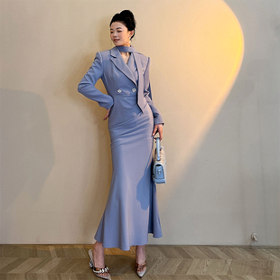 步步生莲鱼尾连衣裙超好看法式修身高级感包臀长袖西装领打底长裙