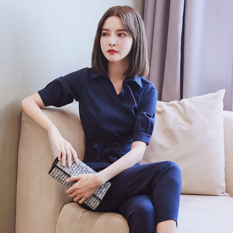 职业洋气休闲翻领格纹套装女时尚
