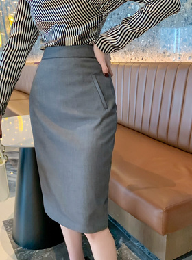 灰色包臀半身裙女秋季小个子气质中裙显瘦ol中长款高腰职业裙子