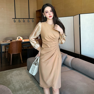 法式通勤气质名媛拼接连衣裙女2026秋款新款炸街收腰修身包臀长裙
