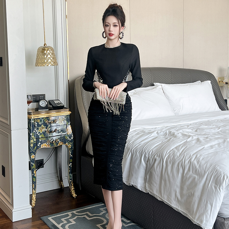 绝美高级晚礼服黑色法式日常可穿气质绝美长袖秋季包臀修身连衣裙