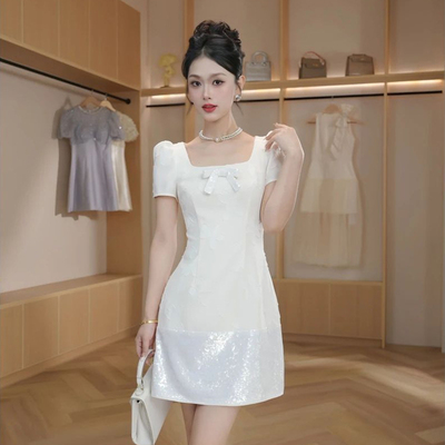 仙气风纯色方领蝴蝶结短款连衣裙气质名媛小个子女短袖时尚A字裙