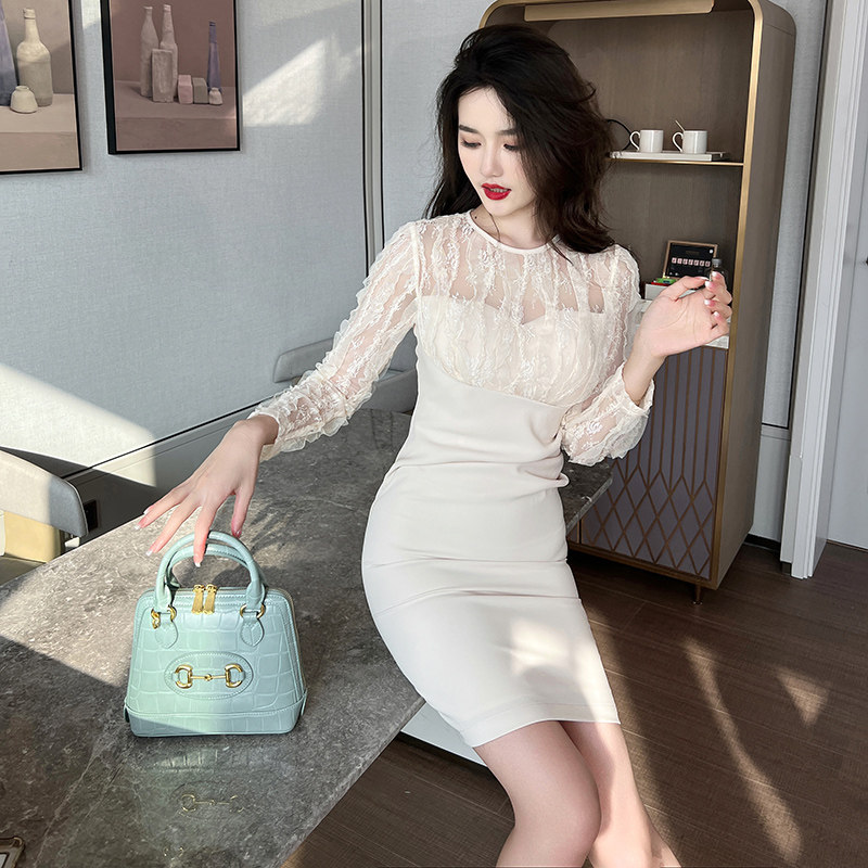 轻奢别致漂亮裙子长袖御姐晶莹剔透蕾丝气质法式温柔高级感连衣裙