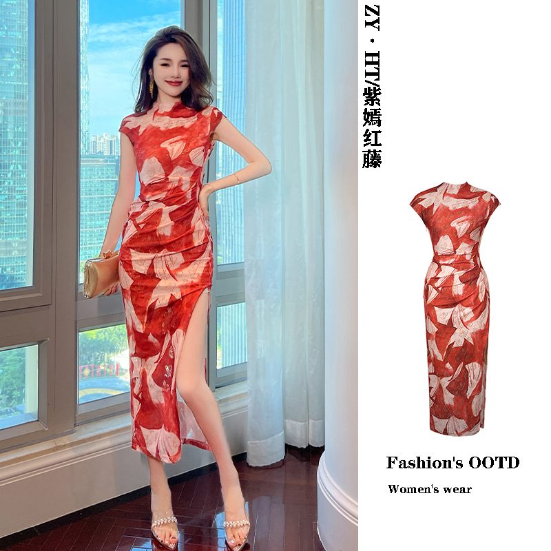 古法高贵改良版旗袍女新中式2025新款半高领中国风红色印花连衣裙