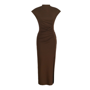 港风连衣裙气质露背长款小个子减龄短袖高领针织复古修身开叉裙子