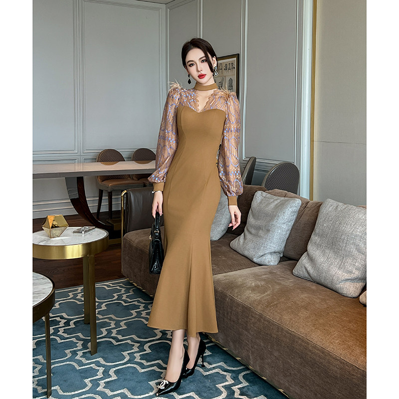 长款重工连衣裙秋冬宴会垂坠感气质女神范小众高腰包臀鱼尾裙礼服