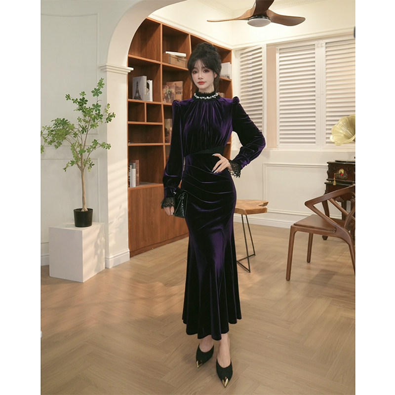 高腰丝绒长款半高领打底鱼尾裙子