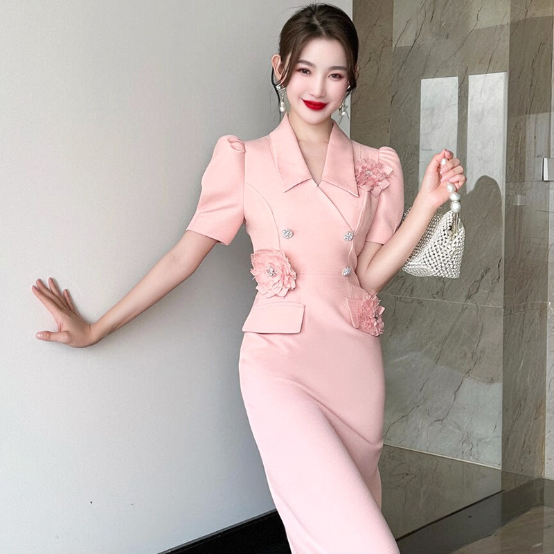 洋气中袖修身包臀裙正式场合精致女神范立体花朵通勤西装职业裙
