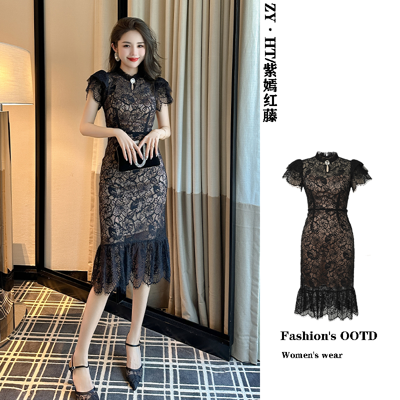 紫嫣红藤新中式旗袍新款2025新款改良版高贵淑女设计感蕾丝连衣裙