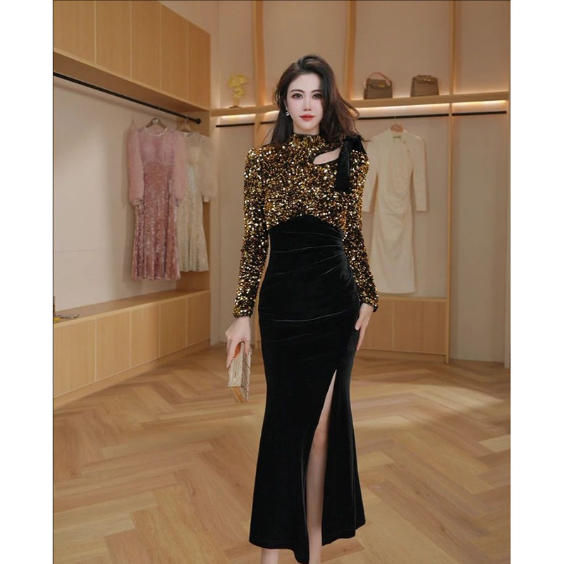 重工亮闪闪拼接高级感礼服连衣裙优雅气质御姐风开叉宴会包臀裙女