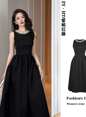 气质连衣裙夏季晚礼服显瘦黑色无袖高腰赫本风小黑裙小众长裙子女