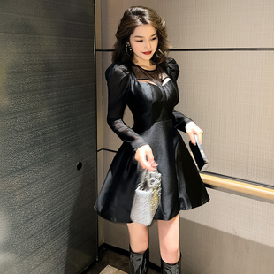 黑色性感小个子显瘦显高A字连衣裙子女秋款高腰减龄漂亮气质短裙