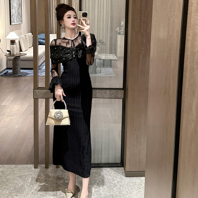 高腰长款包臀气质喇叭袖连衣裙