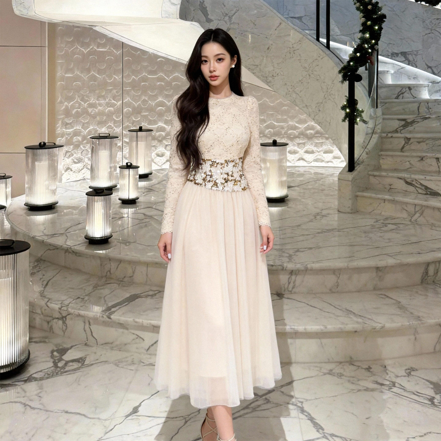 轻奢名媛风特别漂亮掐腰连衣裙法式蕾丝亮片千金感网纱生日礼服裙