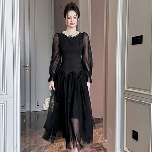 黑色连衣裙高级感显瘦气质长款长袖修身泡泡袖御姐生日连身裙子