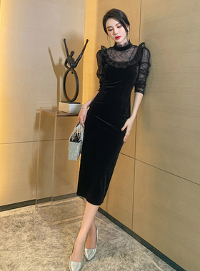 黑色丝绒连衣裙名媛气质2025秋冬新款晚礼服平时可穿修身礼服裙女