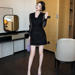 法式名媛小香风连衣裙女秋冬富家千金假两件泡泡袖V领黑色短裙子