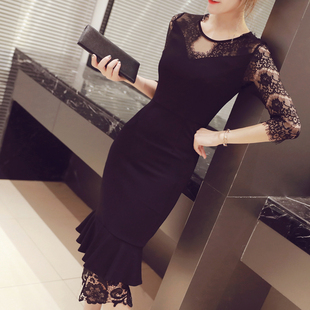 名媛气质晚宴礼服平时可穿女御姐修身显瘦蕾丝拼接生日聚会连衣裙