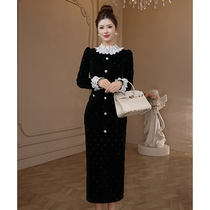 大女主气场穿搭黑色赫本风长袖连衣裙轻奢气质名媛高级感修身长裙