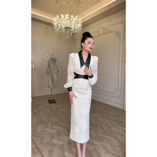 翻领千金显瘦黑色连衣裙中长款轻奢高级泡泡袖富家千金感气质裙子