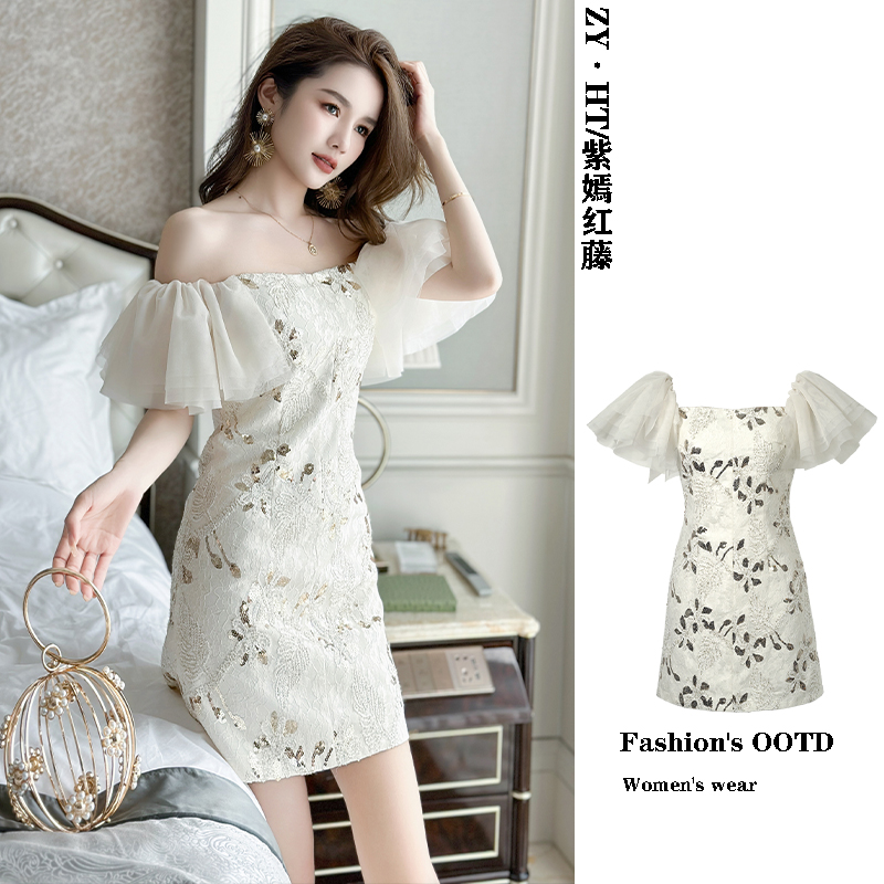 紫嫣红藤一字肩a字连衣裙2026新款女小个子森系飞飞袖小香风短裙,女装/女士精品,连衣裙,淘宝优惠券,粉丝福利购,淘宝优惠卷
