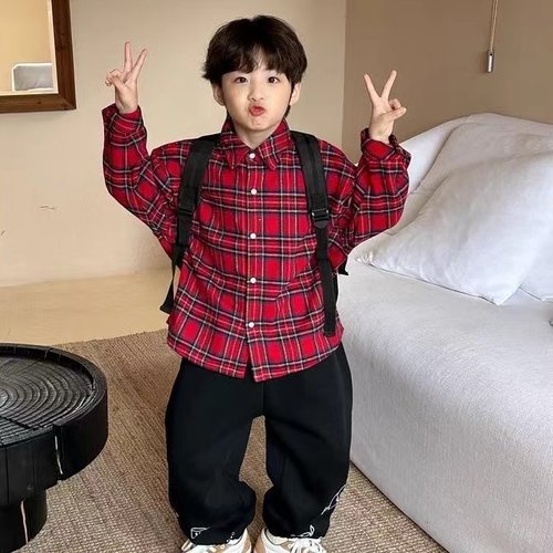 男童加绒格子衬衫外套春秋