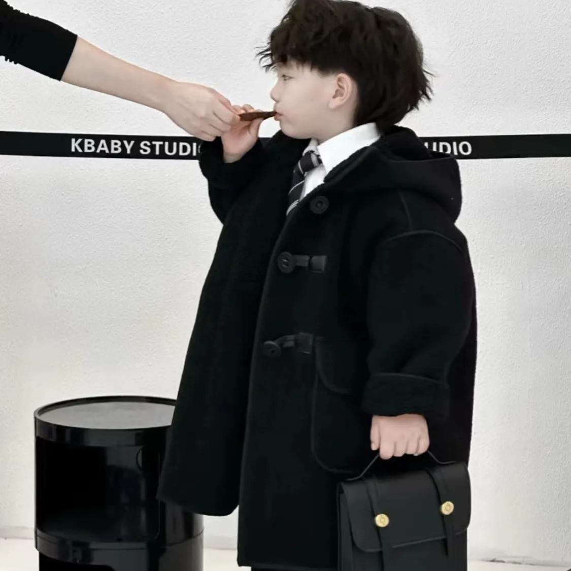 男童冬季韩版毛呢连帽外套2025新款儿童时尚中长款英伦风保暖大衣
