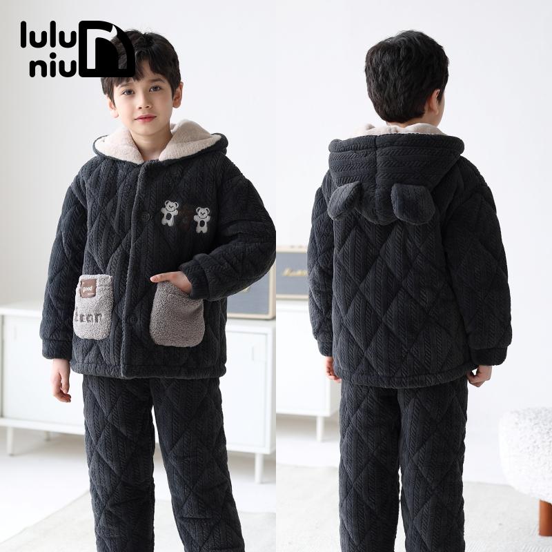 噜噜牛冬法兰绒三层夹棉男童睡衣