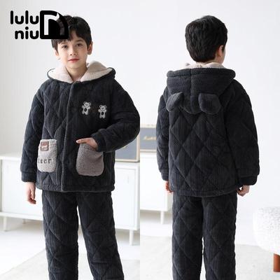 噜噜牛冬法兰绒三层夹棉男童睡衣