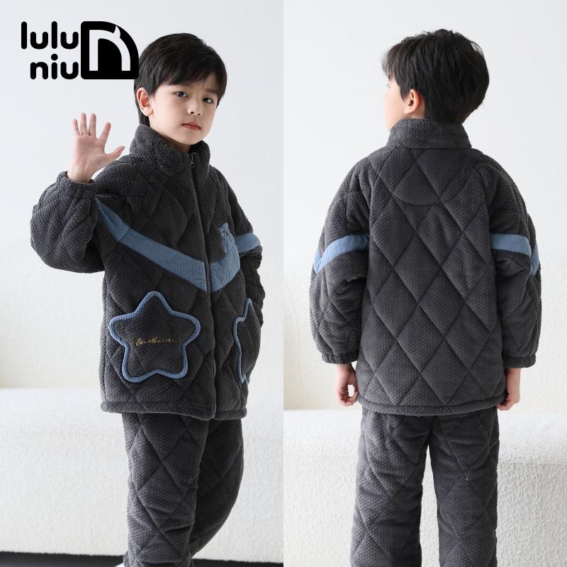 噜噜牛冬法兰绒三层夹棉男童睡衣