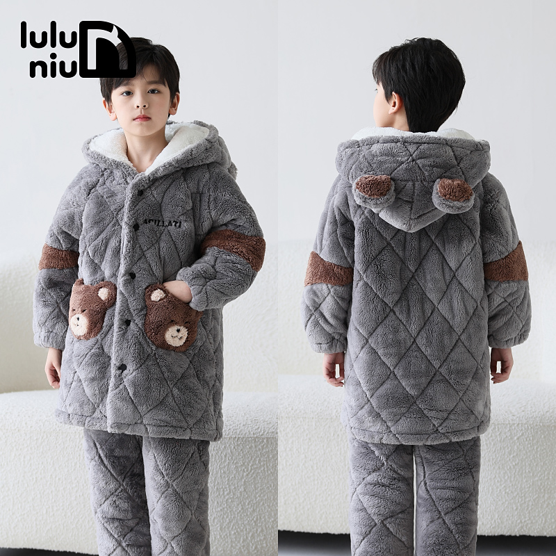 噜噜牛法兰绒冬男童睡衣夹棉加长