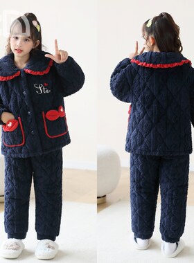 噜噜牛冬季法兰绒夹棉女童家居服