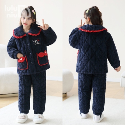 噜噜牛冬季法兰绒夹棉女童家居服