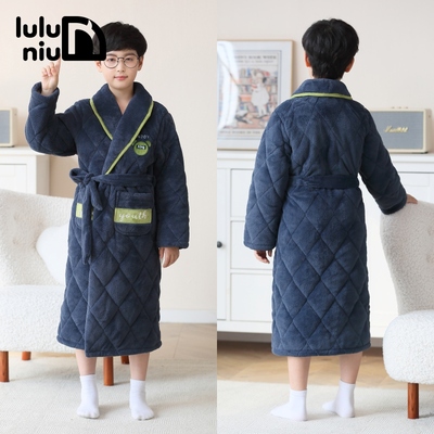 噜噜牛冬季法兰绒夹棉厚男童睡袍