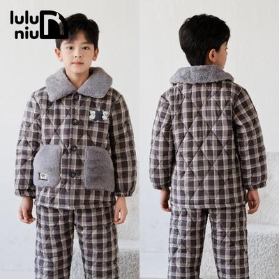 噜噜牛冬季纯棉三层夹棉男童睡衣