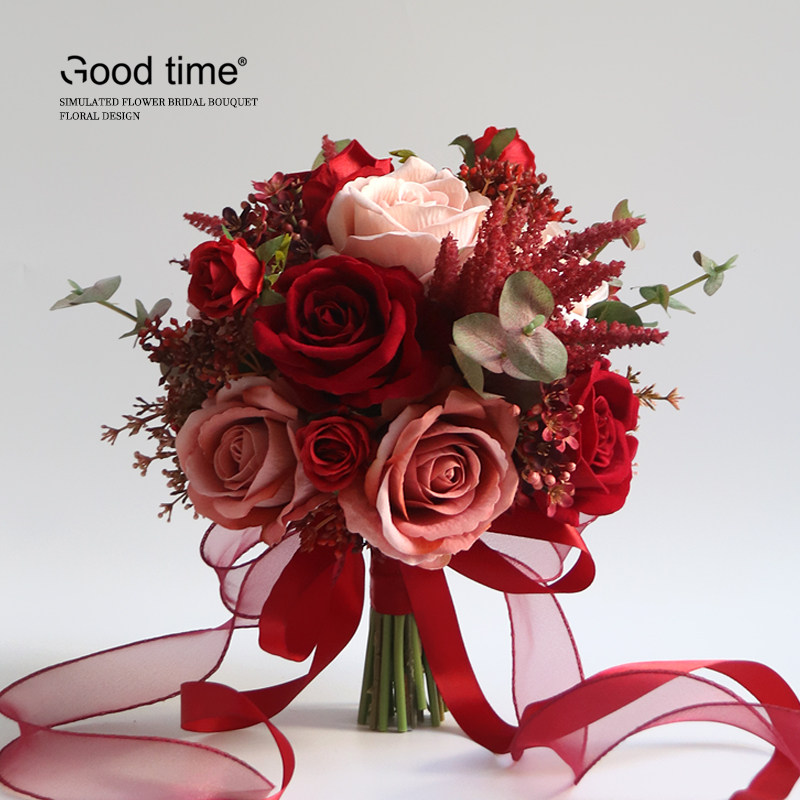 中式优雅｜红玫瑰手捧仿真花｜新娘旗袍结婚领证花束家居摄影插花