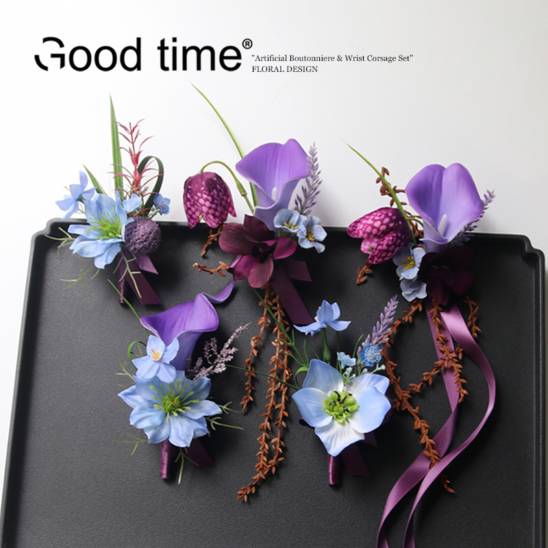 新中式高级胸花手腕花马蹄莲仿真花结婚礼庆典摄影西装襟花 紫蓝