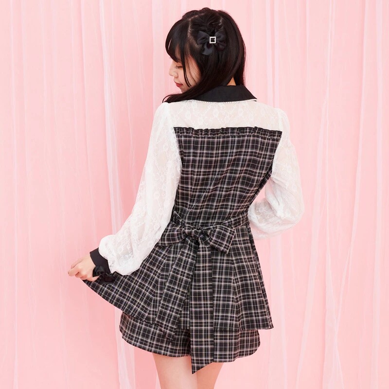 가을 겨울 신작 세트 SC LANDMINE 대량 생산 하이 웨이스트 슈퍼 슬림 레이스 스플 라이스 투피스 세트 일본식 넥타이 보우